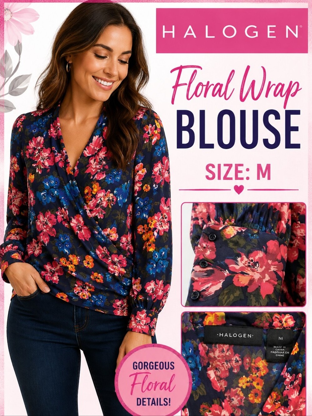 Halogen Navy Floral Blouse with Pink, Blue & Yellow Blooms